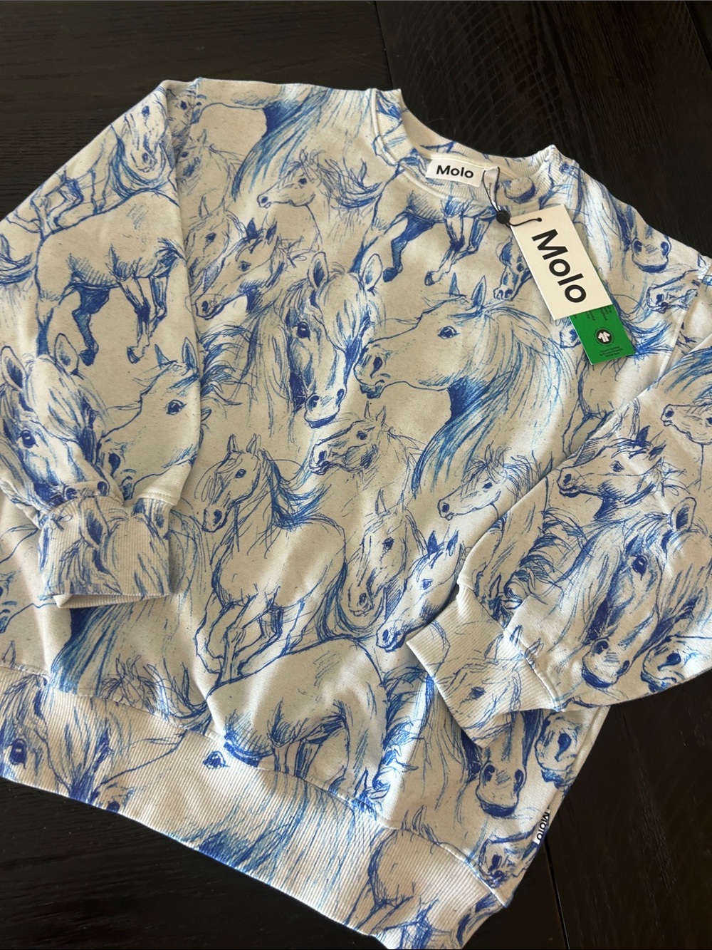 Molo Blue & White Crew Sweatshirt with Horse Sketch Print